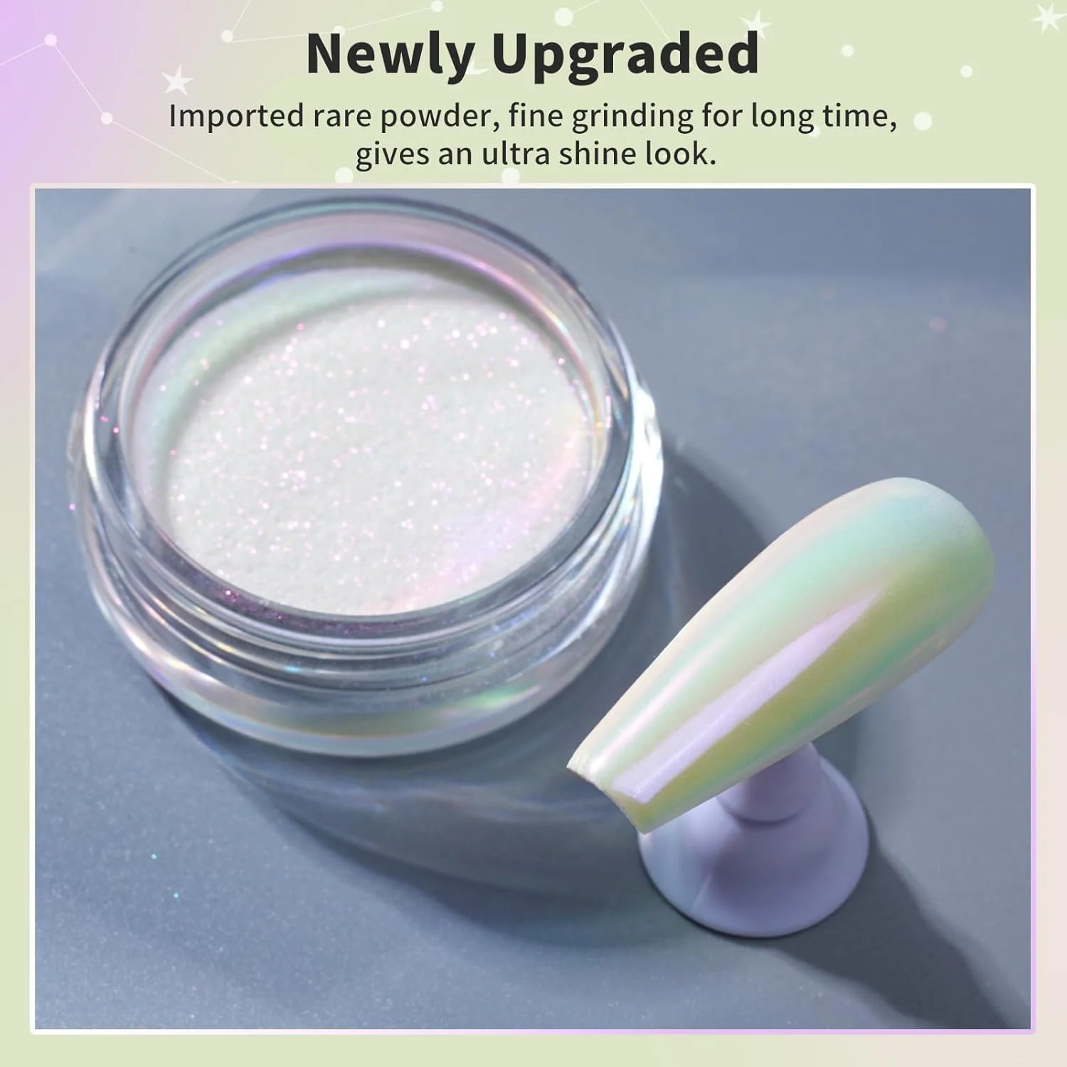 پودر کروم ناخن پریتی دیوا آرورا - پودر ناخن کروم مهتابی با پودرهای متالیک چند رنگ با جلوه آینه ای، پودر رنگدانه رنگین کمانی با جلوه زرد مهتابی جادویی برای ناخن