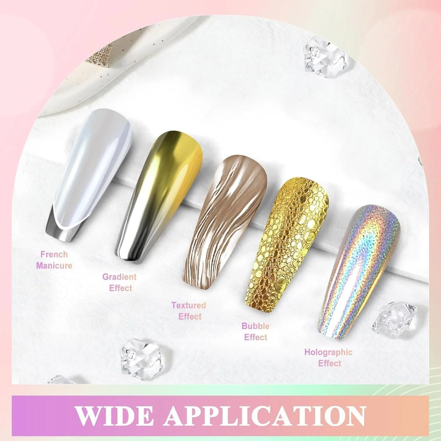 پودر ناخن کروم طلایی نقره ای 6 رنگ با اپلیکاتور، پودر کروم رنگین کمانی هولوگرافیک رنگین کمانی برای ناخن ها، پالت پودر کروم با جلوه فلزی آینه ای