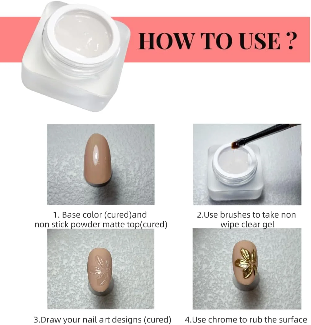 ژل شفاف بدون نیاز به پاک کردن، نیمه جامد 6 گرمی، مناسب پودر کروم آینه ای، طراحی ناخن سه بعدی، ژل برجسته کاری