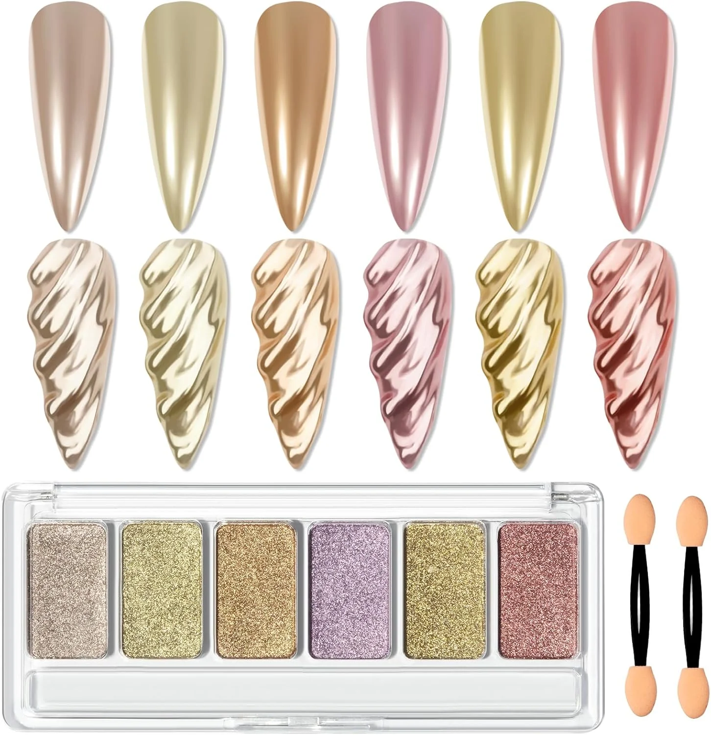 پالت پودر کروم ناخن جامد MIZHSE، پالت 6 رنگ، کیت مانیکور هنر ناخن آینه ای متالیک، رنگدانه براق بنفش طلایی رز (6 در 1)