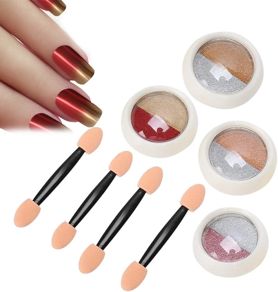 ست ۴ عددی پودر طراحی ناخن، پودر براق آینه ای، پیگمنت پودر کروم ناخن به همراه ۴ عدد برس