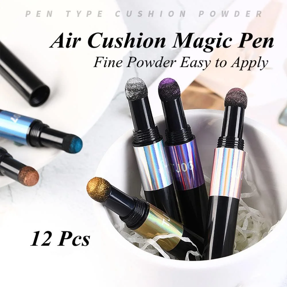 کیت پودر ناخن کروم ۱۲ رنگ، قلم ایر کوشن، قلم طراحی ناخن، پودر ناخن هولوگرافیک، قلم لاک آینه ای، پودر اکریلیک ناخن (رنگی)