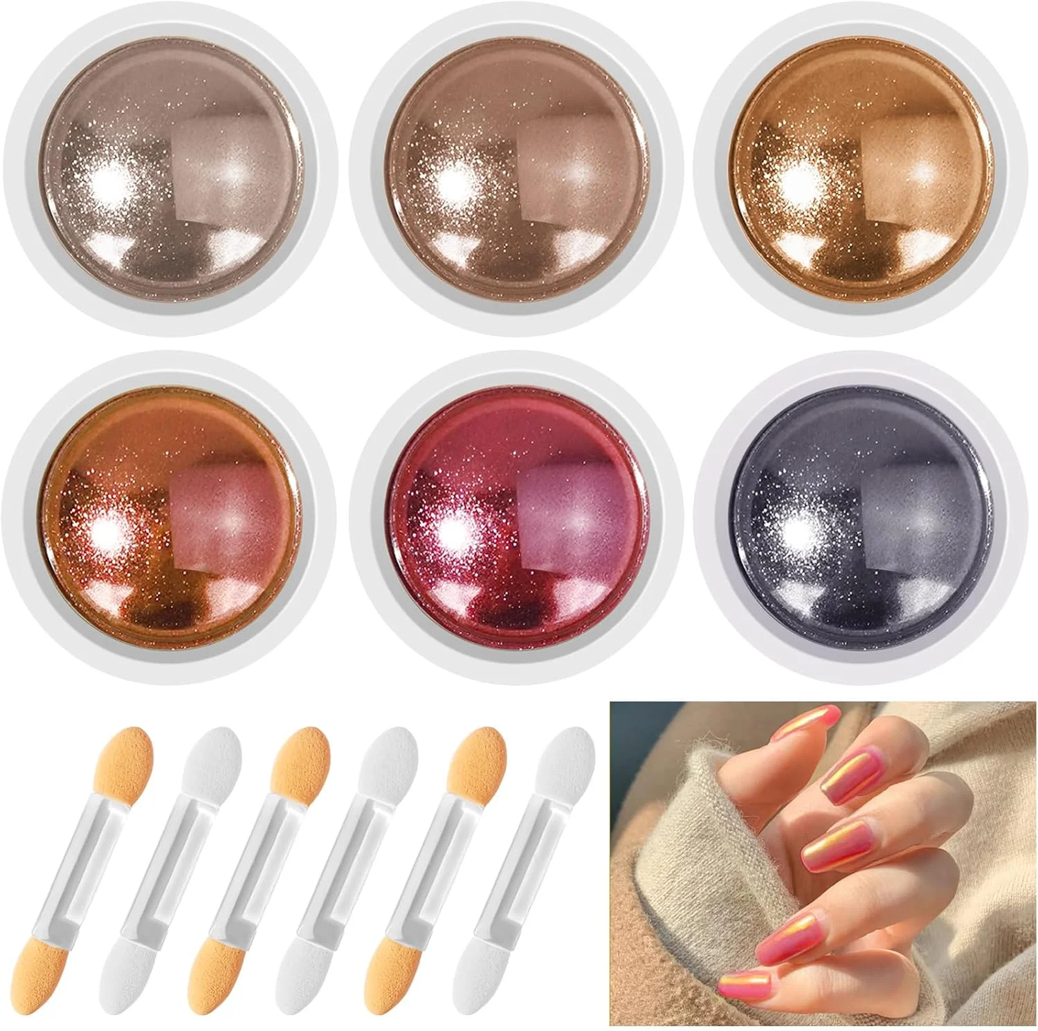 پودر کروم ناخن 6 رنگ، پودر کروم ناخن با جلوه آینه ای، پودر کروم متالیک لیزری، پودر کروم برای تزئین ناخن