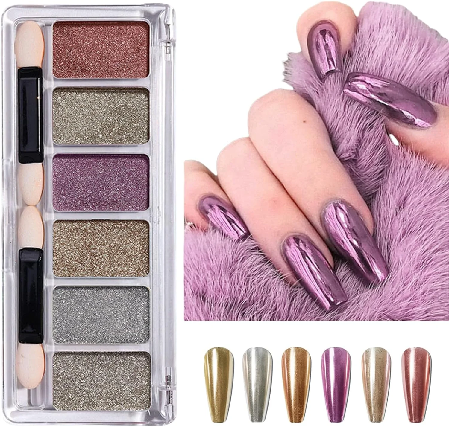 پودر کروم آینه‌ای ناخن، پالت پودر پیگمنت ناخن کروم، پودر کروم با جلوه آینه‌ای متالیک صورتی نقره‌ای رزگلد برای ناخن #1