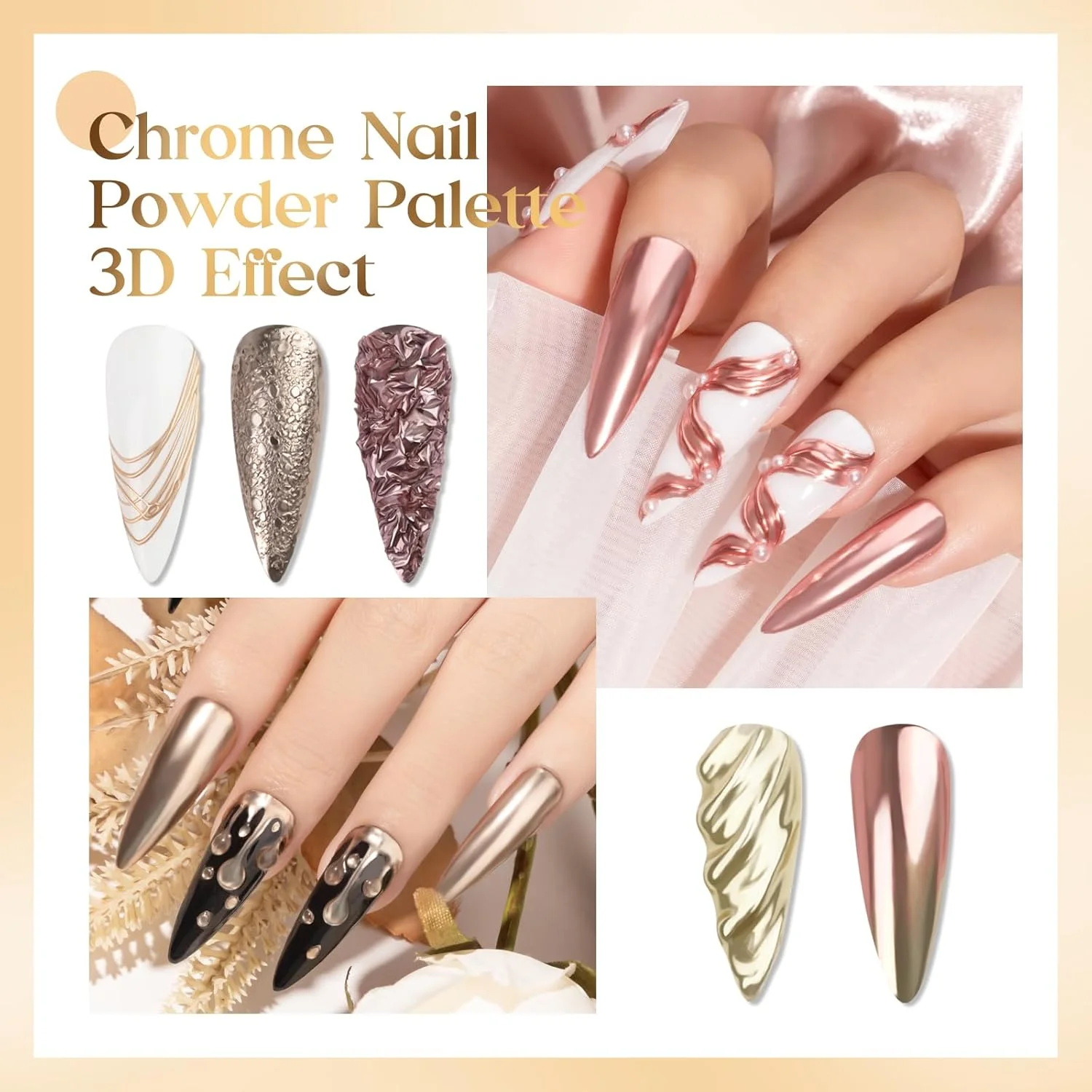 پالت پودر کروم ناخن جامد MIZHSE، پالت 6 رنگ، کیت مانیکور هنر ناخن آینه ای متالیک، رنگدانه براق بنفش طلایی رز (6 در 1)