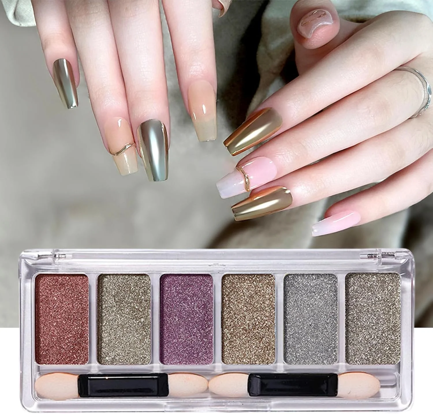 پودر کروم آینه‌ای ناخن، پالت پودر پیگمنت ناخن کروم، پودر کروم با جلوه آینه‌ای متالیک صورتی نقره‌ای رزگلد برای ناخن #1