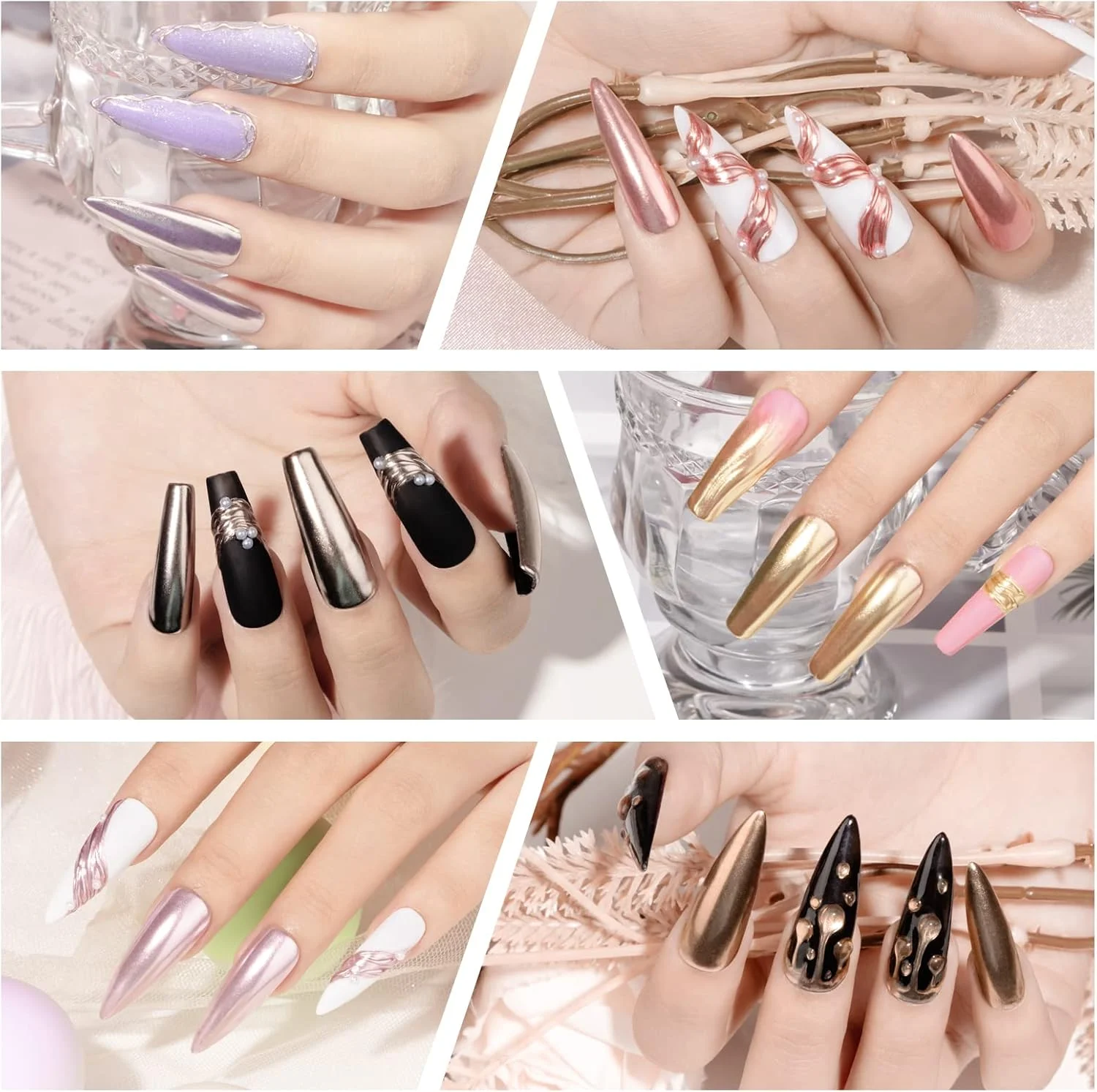 پالت پودر کروم ناخن جامد MIZHSE، پالت 6 رنگ، کیت مانیکور هنر ناخن آینه ای متالیک، رنگدانه براق بنفش طلایی رز (6 در 1)