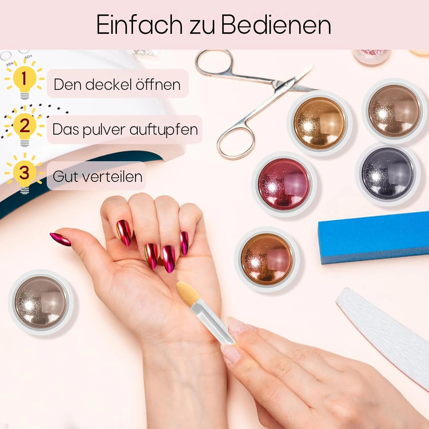 پودر کروم ناخن 6 رنگ، پودر کروم ناخن با جلوه آینه ای، پودر کروم متالیک لیزری، پودر کروم برای تزئین ناخن