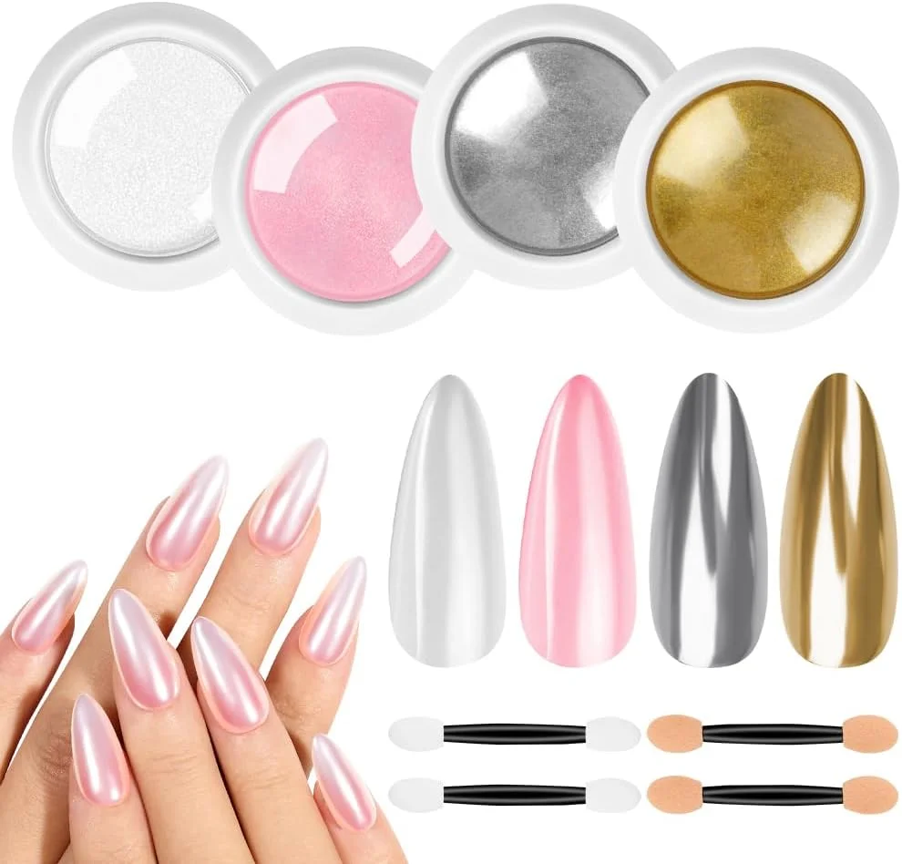 پودر کروم ناخن، 4 رنگ پودرهای کروم مرواریدی سفید، پودر ناخن پیگمنت اثر آینه ای متالیک، پودرهای براق صدفی شفق قطبی برای طراحی و تزئین ناخن (ست A)