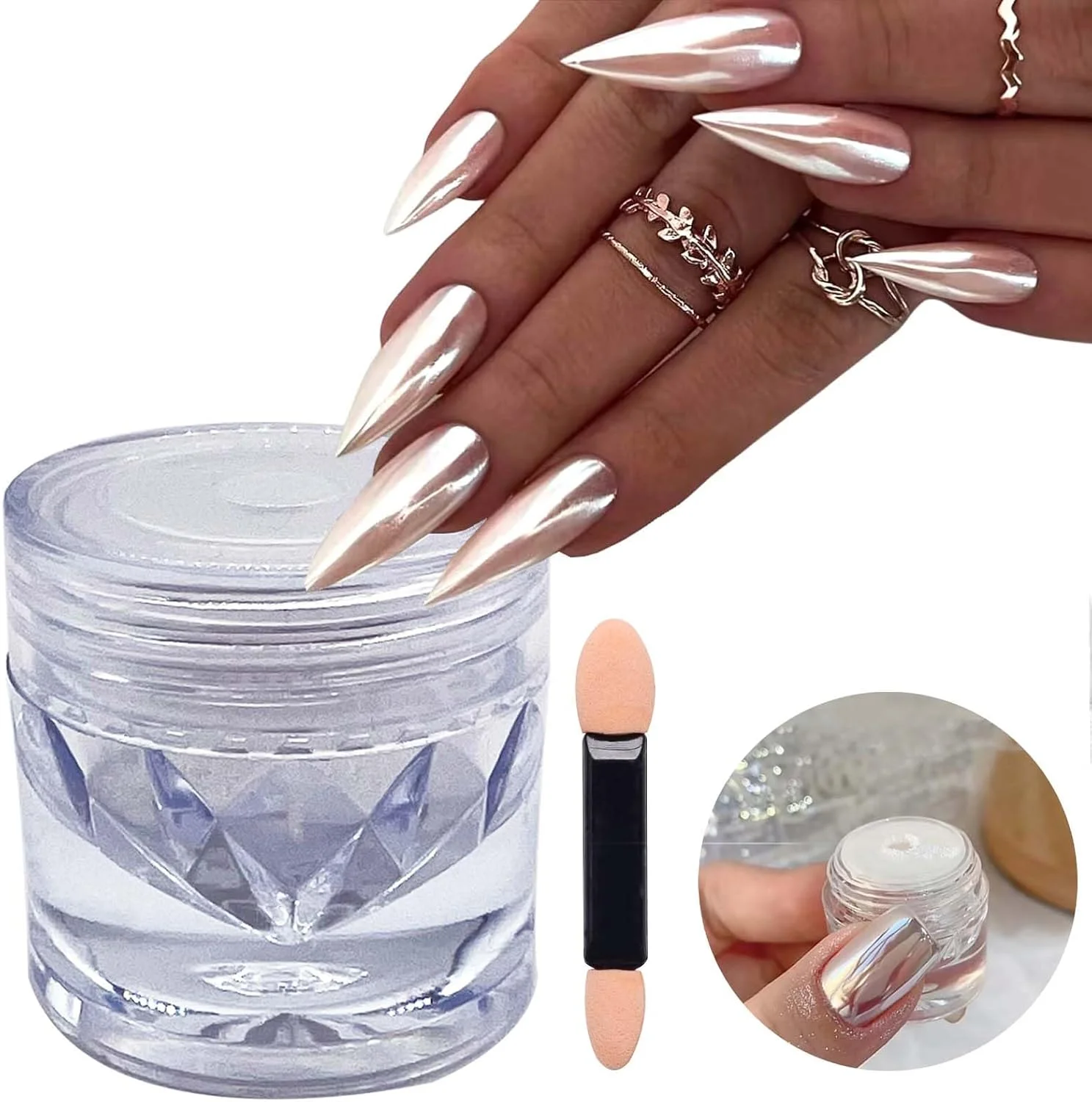 پودر ناخن کروم مرواریدی سفید با جلوه آینه ای فوق العاده براق، پودر رنگدانه ای رنگین کمانی با جلوه مهتابی سفید جادویی برای ناخن