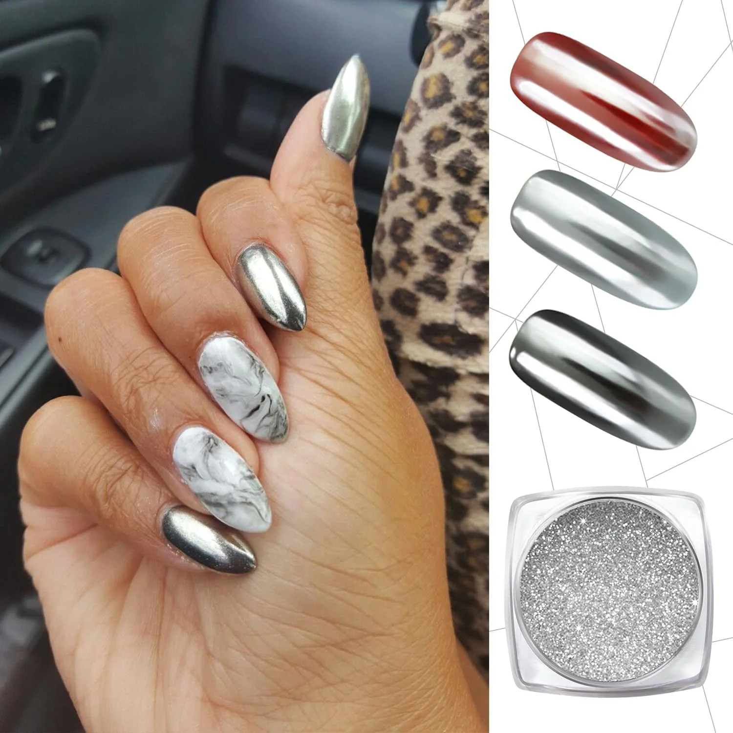 پودر ناخن کروم DRMODE - پودرهای ناخن آینه ای با جلوه نقره ای، رنگدانه های متالیک خالص کروم برای طراحی ناخن، مناسب برای استفاده شخصی و سالن