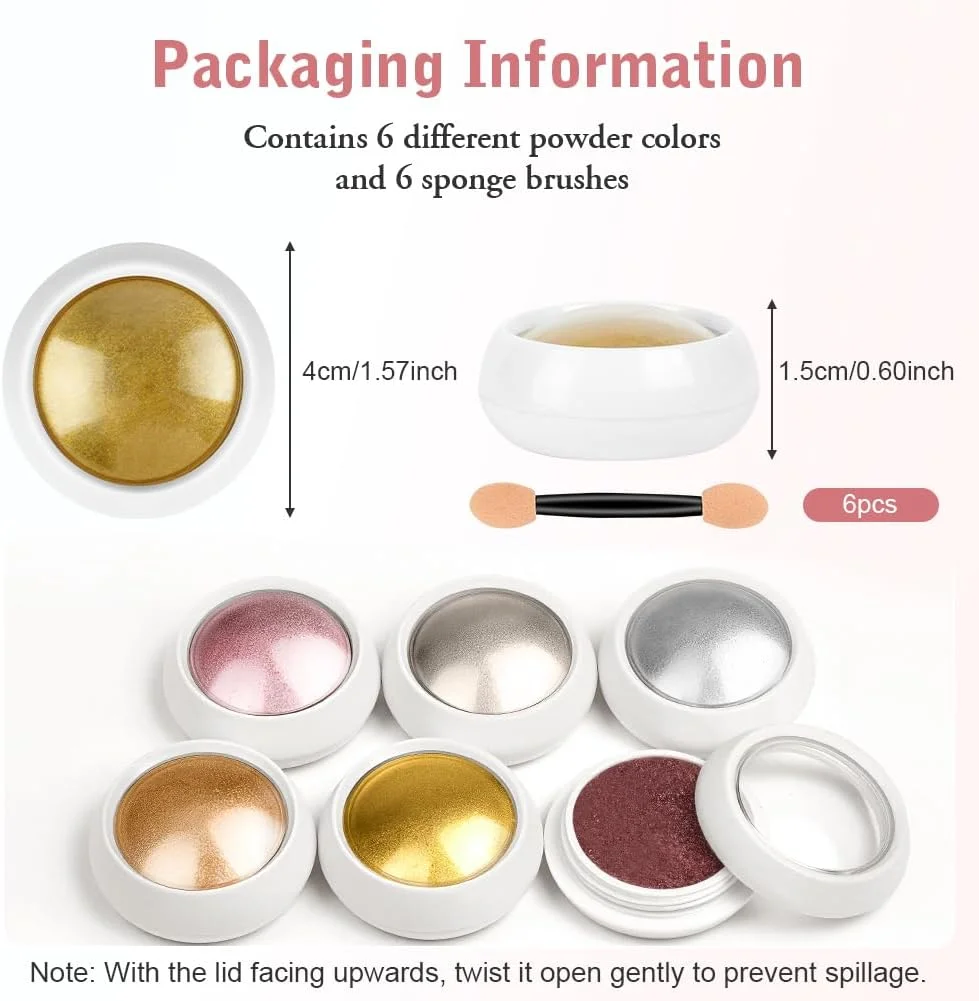 پودر کروم ناخن، 6 رنگ طلایی نقره ای، پودرهای کروم ناخن، پودر رنگدانه اثر آینه ای متالیک، پودرهای متالیک اکلیلی برای طراحی و تزئین ناخن (ست A)