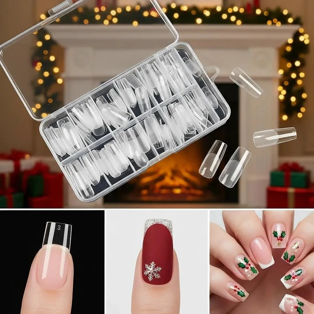 ۱۲0 عدد ناخن مصنوعی مربع شکل پوشش کامل - ۱۲ سایز مختلف، مناسب برای کاشت ناخن و سالن‌ها - نوک فرانسوی شفاف