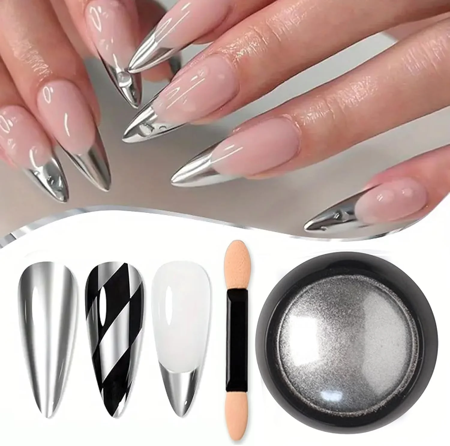 پودر ناخن آینه‌ای هولوگرافیک با جلوه کروم نقره‌ای، گرد و غبار متالیک خالص، پولک، رنگدانه کروم ژل UV برای تزئین ناخن، پودر ناخن کروم نقره‌ای