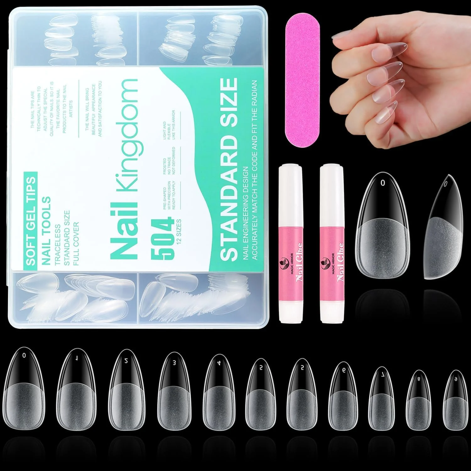 نکات ناخن بادامی 504 عددی، ناخن های بادامی مات از پیش شکل داده شده برای پوشش کامل ناخن های اکریلیک، ناخن های مصنوعی فرانسوی برای اکستنشن ناخن، 10 سایز