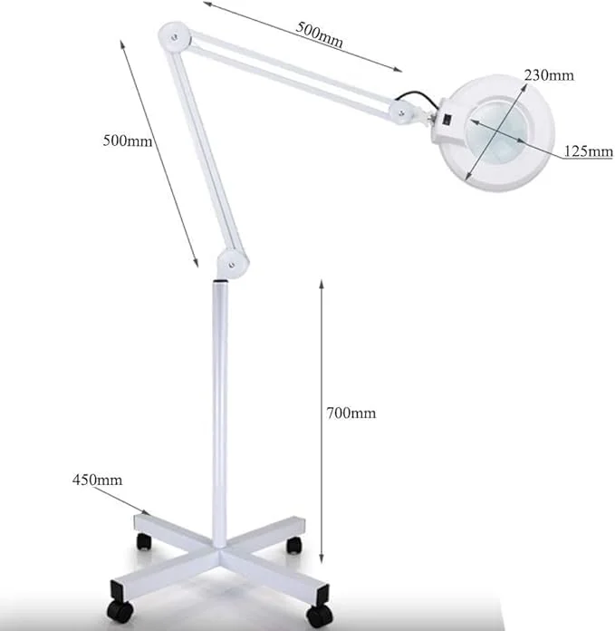چراغ ذره‌بینی LED با پایه ایستاده – لنز شیشه ای اپتیکال قابل تنظیم برای ناخن، اسپا، سالن، اکستنشن مژه، تاتو، کلینیک – سفید