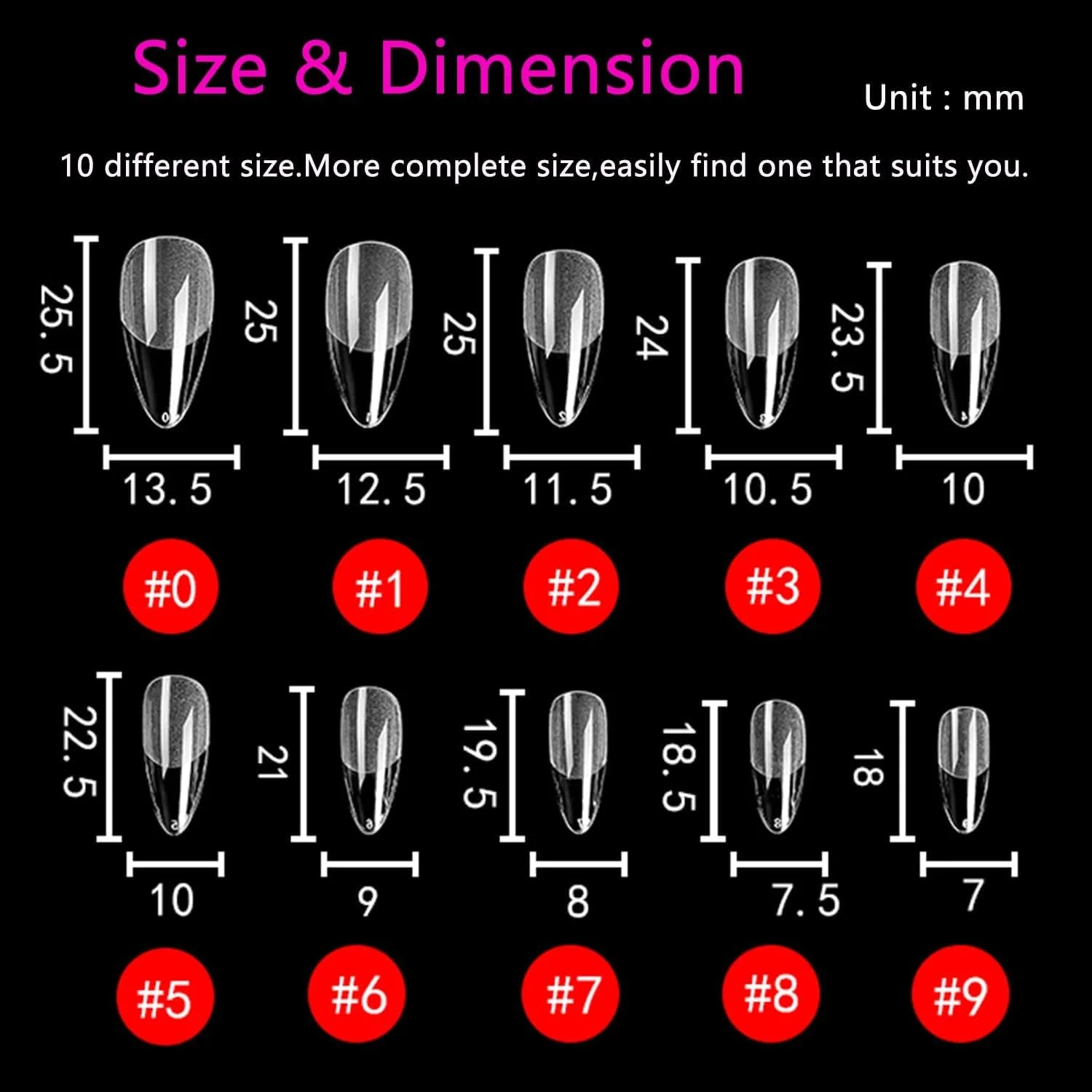 نکات ناخن بادامی 504 عددی، ناخن های بادامی مات از پیش شکل داده شده برای پوشش کامل ناخن های اکریلیک، ناخن های مصنوعی فرانسوی برای اکستنشن ناخن، 10 سایز