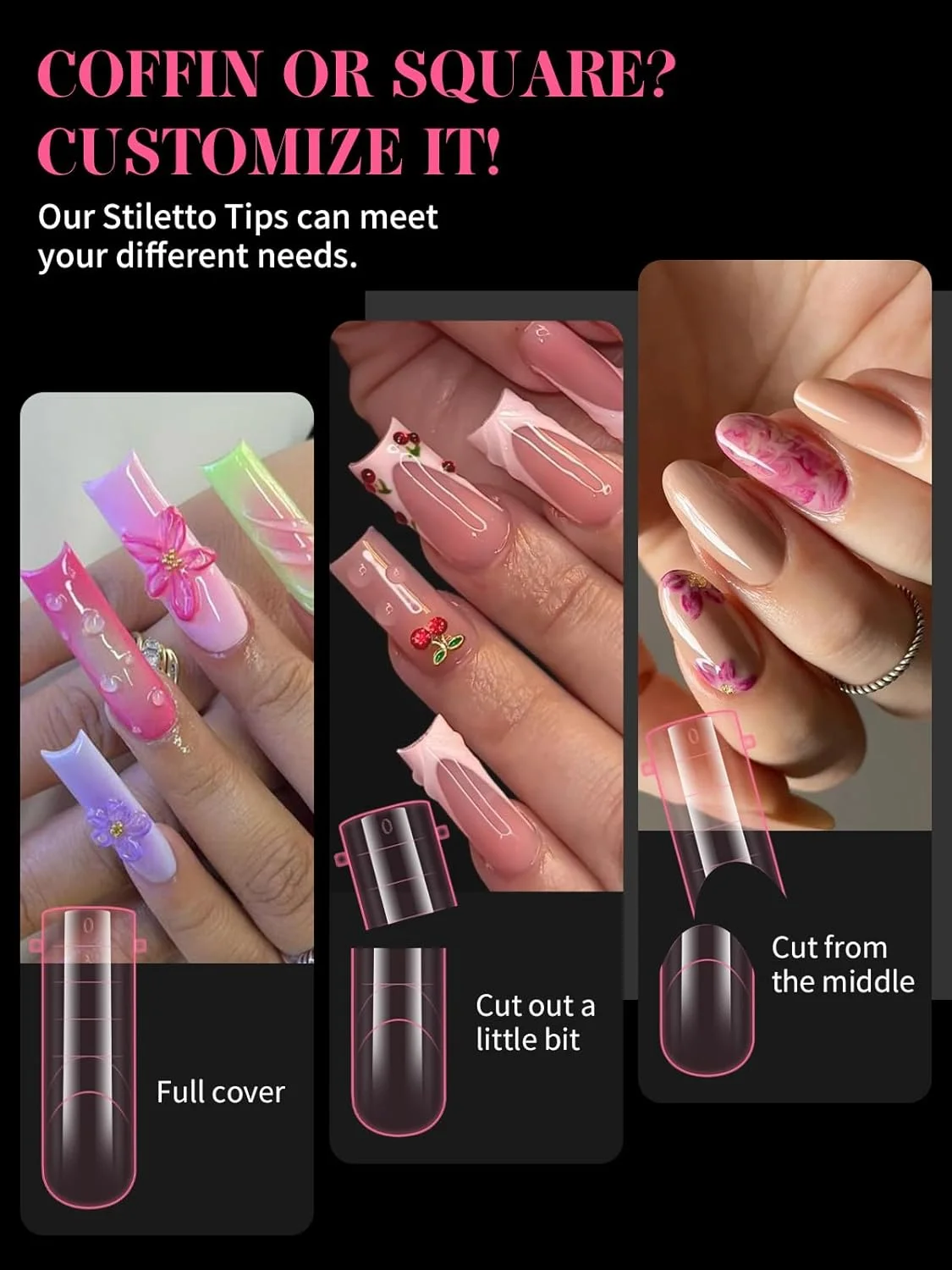 EBANKU 150 عدد تیپ کاشت پلی ژل ناخن پا، تیپ های دوال مربعی بلند صورتی برای اکستنشن ناخن پدیکور، ست ناخن های پلی ژل پا، قالب ناخن پا قابل استفاده مجدد، 15 سایز