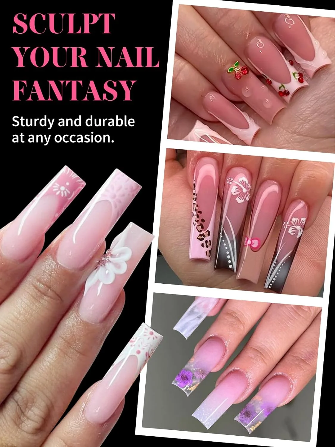 EBANKU 150 عدد تیپ کاشت پلی ژل ناخن پا، تیپ های دوال مربعی بلند صورتی برای اکستنشن ناخن پدیکور، ست ناخن های پلی ژل پا، قالب ناخن پا قابل استفاده مجدد، 15 سایز