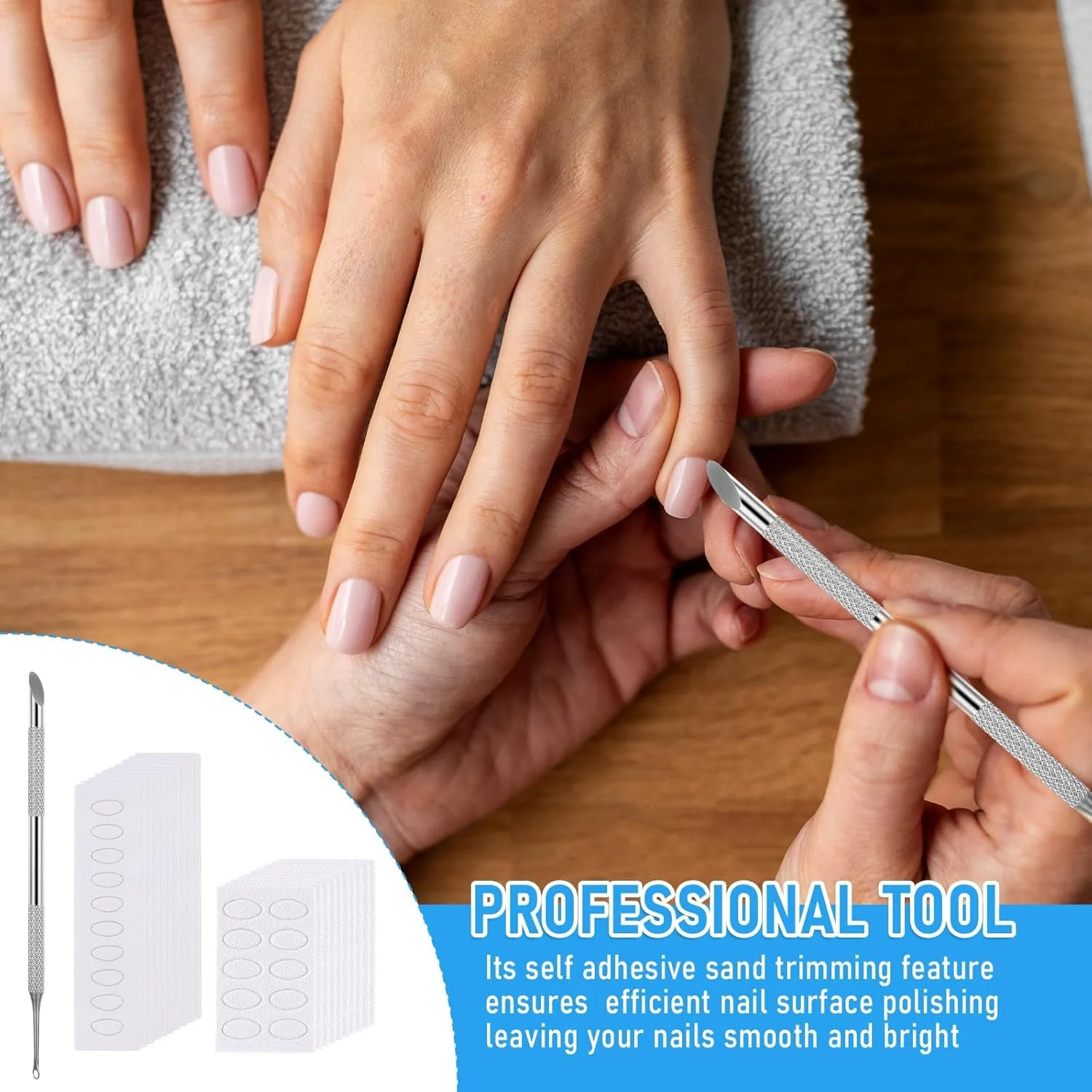 ابزار عقب‌راننده کوتیکول ناخن، استیل ضد زنگ، دو سر به همراه سمباده 100/180 برای مانیکور، پدیکور و طراحی ناخن