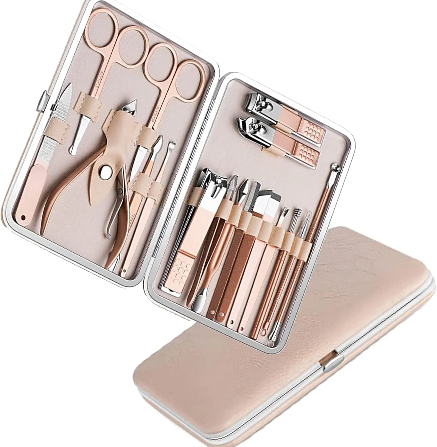 ست مانیکور و پدیکور ۱۸ تکه - کیت حرفه ای پیرایش با کیف مسافرتی لوکس - ابزار ناخن، ناخن گیر، قیچی ناخن برای زنان و مردان - محصولات مانیکور و پدیکور