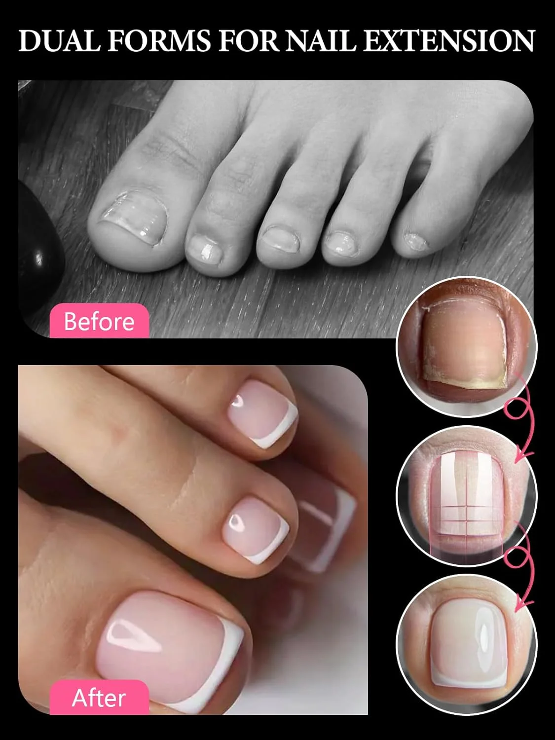 ۳۰۰ عدد قالب ناخن پلی ژل EBANKU برای انگشتان پا، قالب های بلند مربعی دوگانه برای اکستنشن ناخن پدیکور، مجموعه ناخن های پلی ژل صورتی، قالب های قابل استفاده مجدد ناخن انگشت پا، ۱۵ سایز