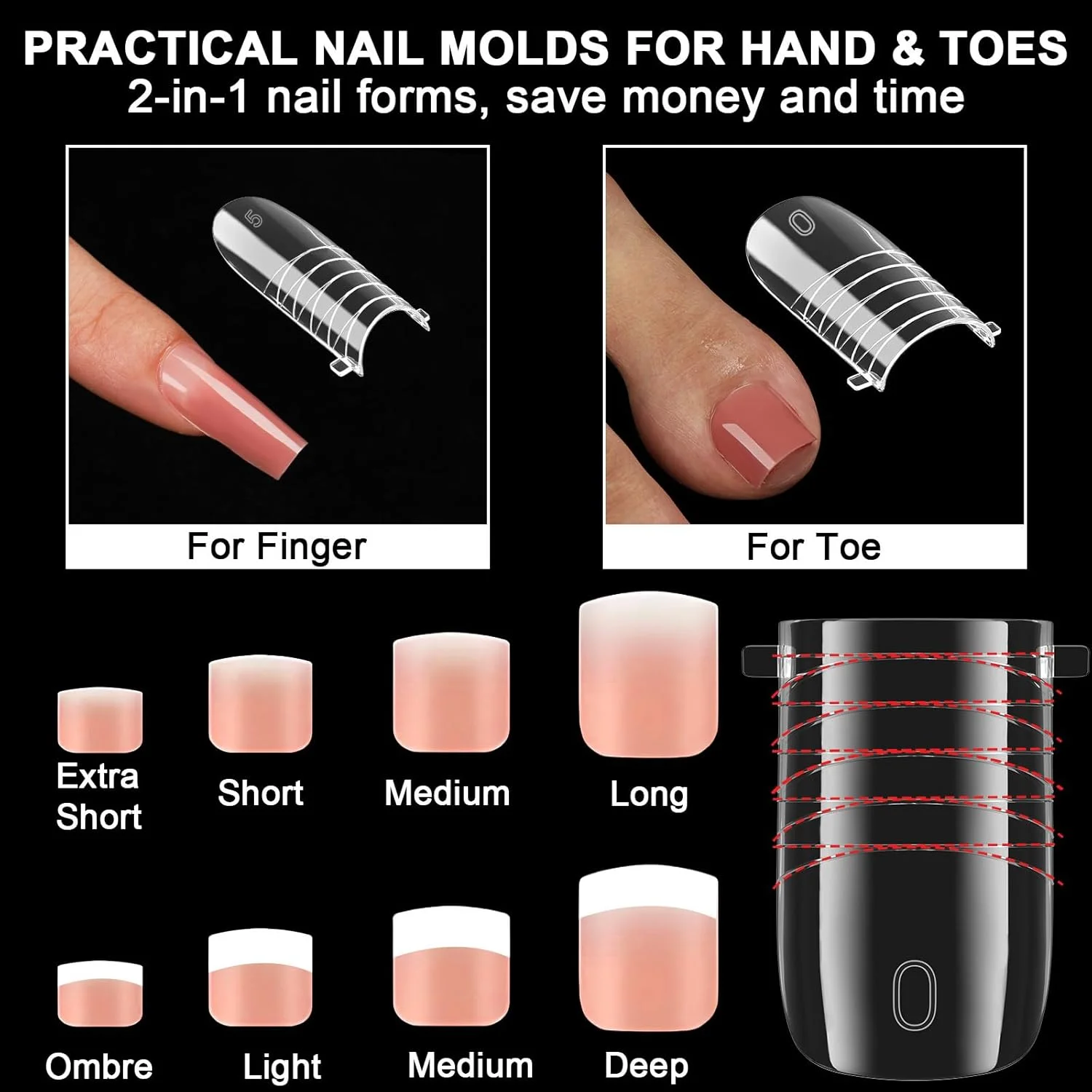 160 عدد قالب ناخن دوگانه پا برای اکستنشن ناخن ژلی و بیلدر ژل - 16 سایز قالب ناخن مربع پوشش کامل قابل استفاده مجدد - نوک ناخن پدیکور حرفه ای برای سالن و DIY در خانه