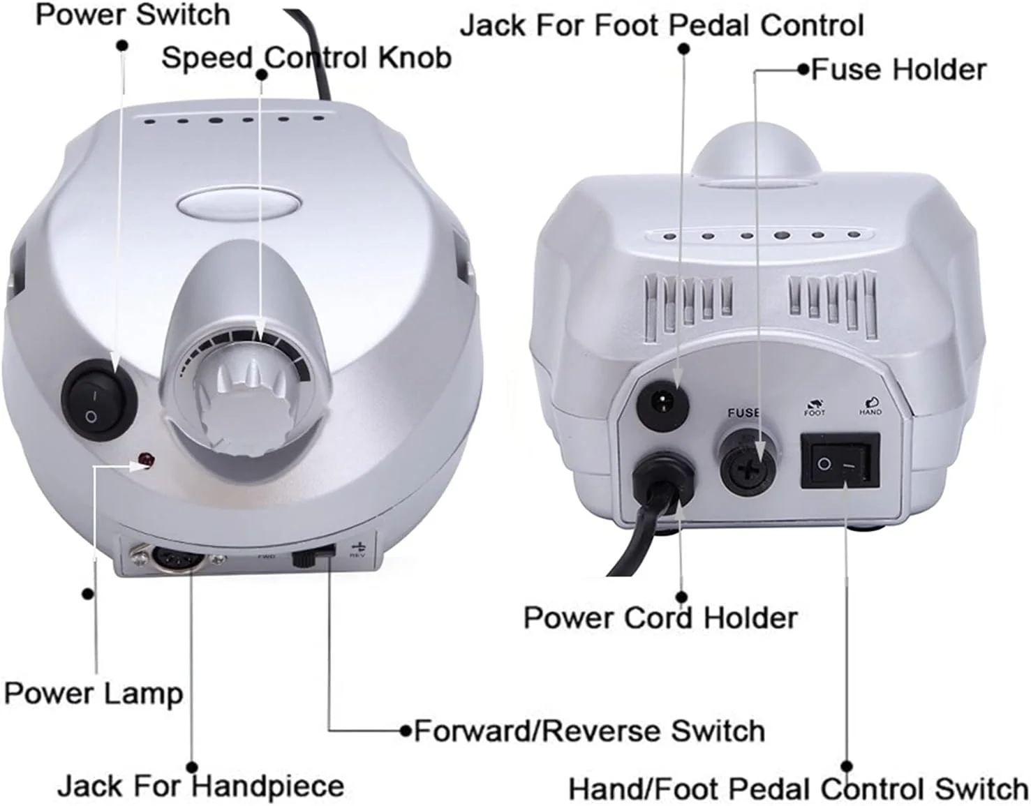 دستگاه سوهان برقی ناخن 30000 دور در دقیقه به همراه پدال برای ریموو کردن لاک ژل، مانیکور و پدیکور، فایل ناخن برقی (نقره ای)