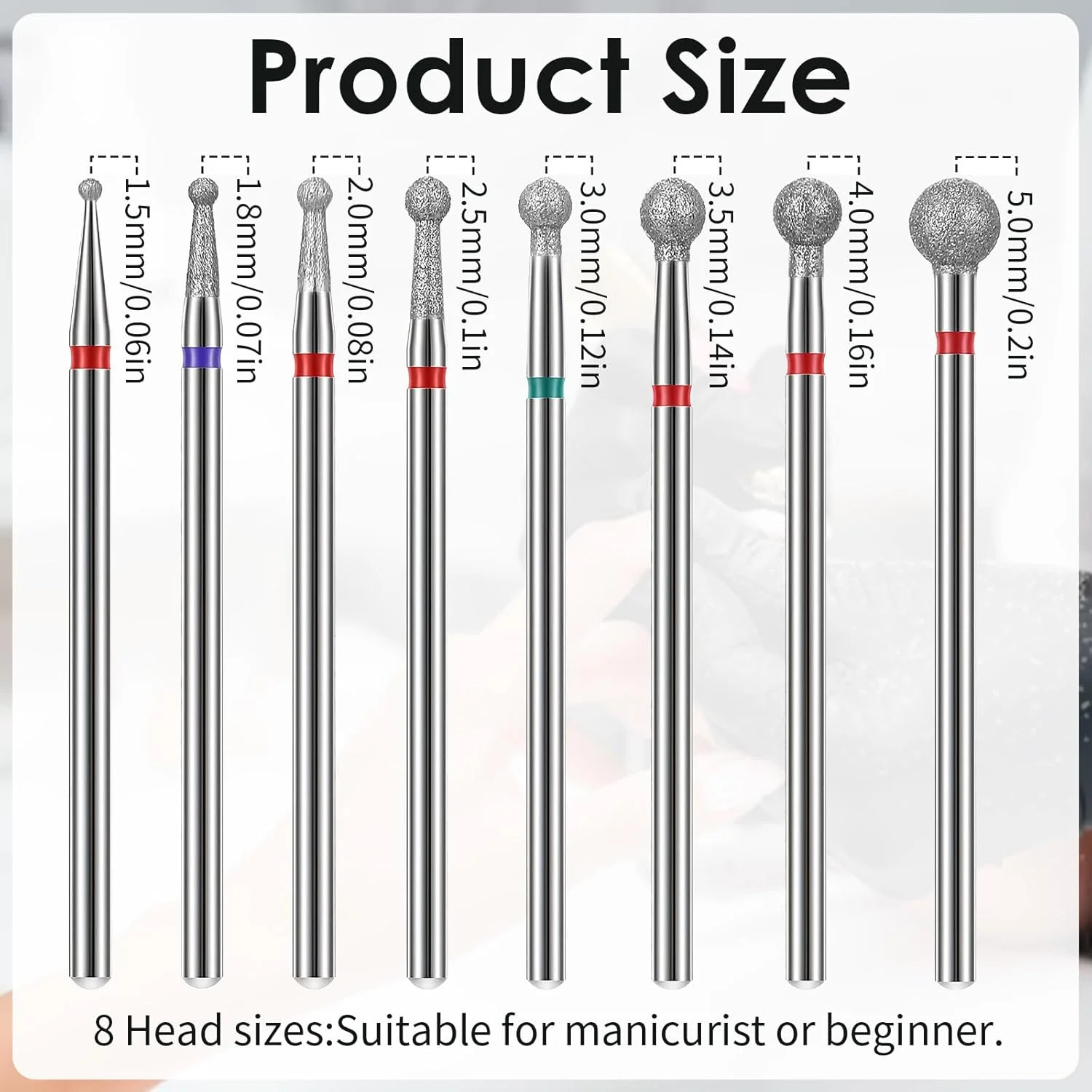 ست مته الماسه توپی 8 عددی، مته کوتیکول 3/32 اینچی برای دریل ناخن، مته های برقی توپی تمیز کننده ناخن برای ماشین برقی مانیکور پدیکور ژل پولیش ابزار (8 سایز)
