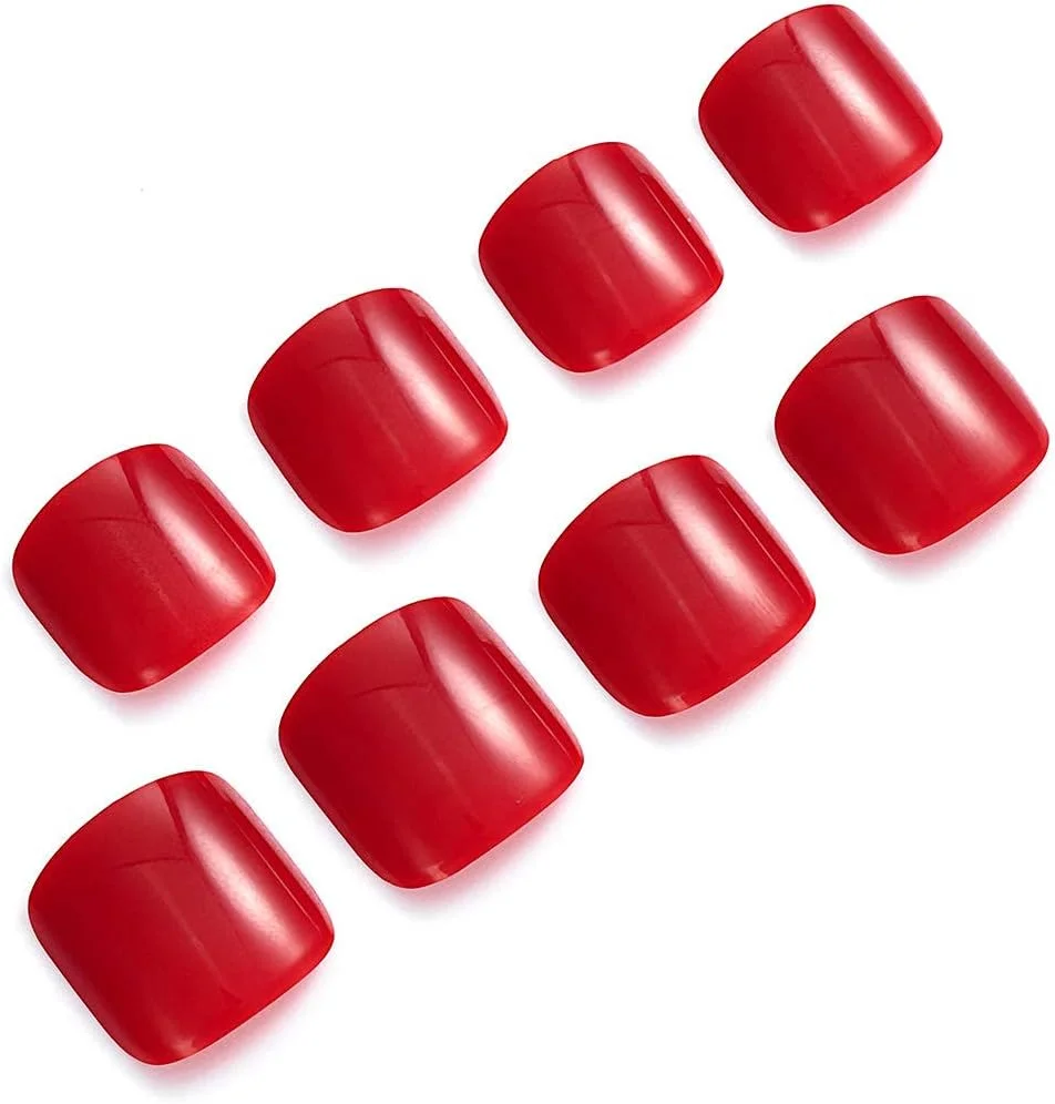 ناخن مصنوعی پا با پوشش کامل، طرح لوکس قرمز، ست ناخن اکریلیک، نوک ناخن مصنوعی، پاهای براق، پدیکور عالی، ناخن های مصنوعی مربعی، ناخن های فیک فشن