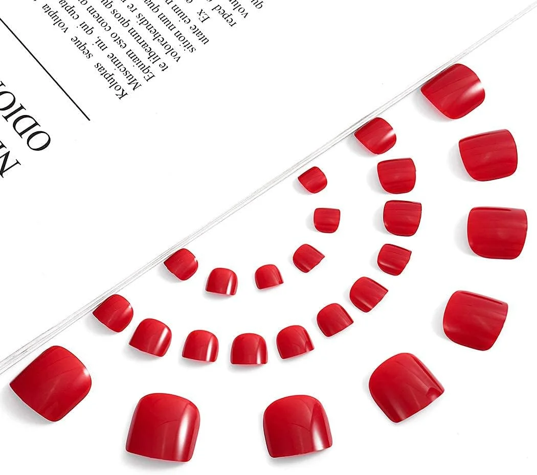 ناخن مصنوعی پا با پوشش کامل، طرح لوکس قرمز، ست ناخن اکریلیک، نوک ناخن مصنوعی، پاهای براق، پدیکور عالی، ناخن های مصنوعی مربعی، ناخن های فیک فشن