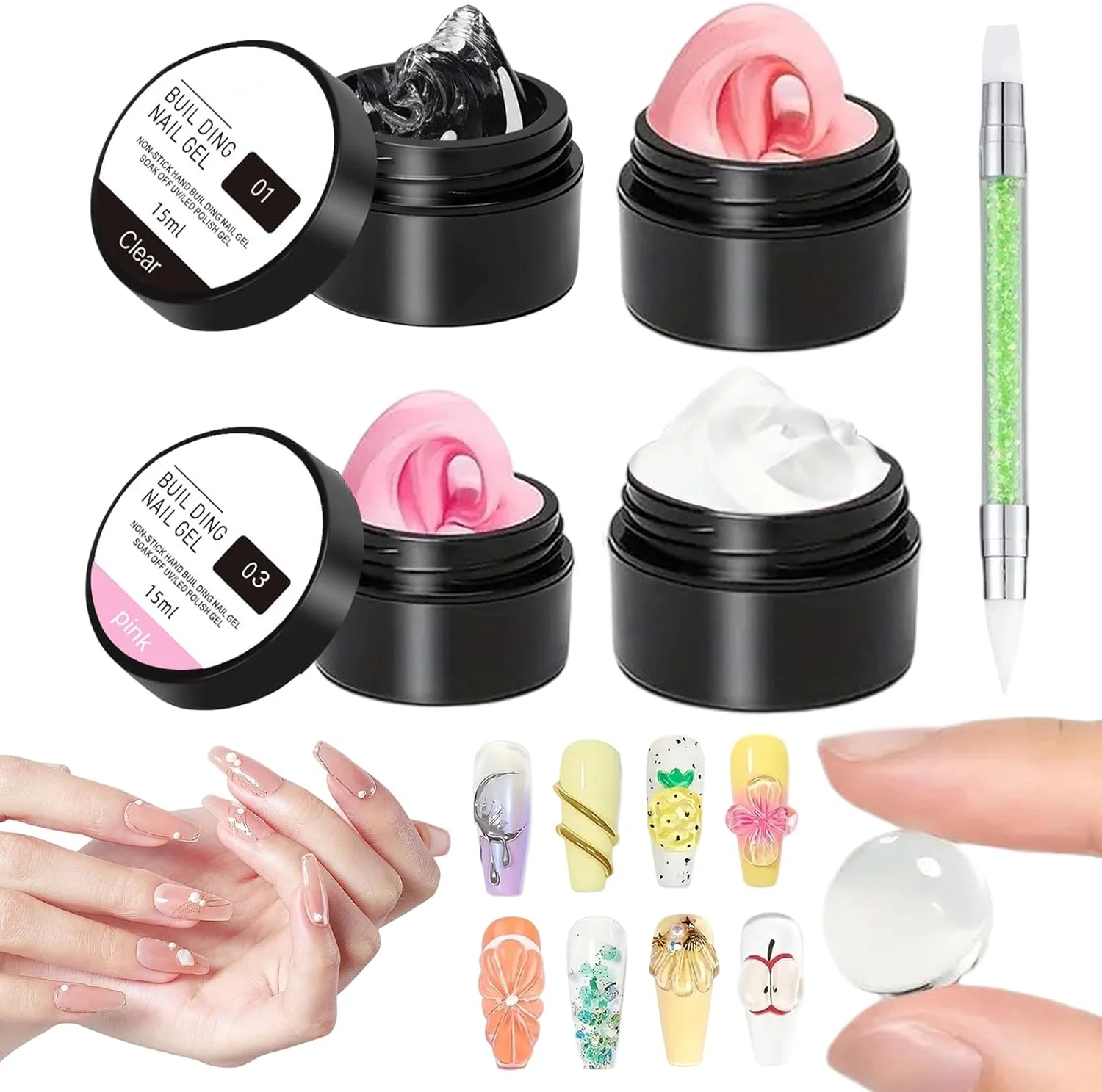 ژل سخت برای ناخن - ژل مانیکور 4 رنگ، چسب قالب گیری نگین ناخن سه بعدی برای پدیکور سالن خانگی، نوک فرانسوی و فویل