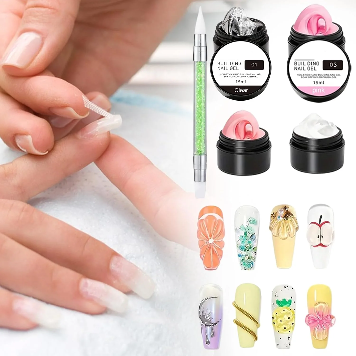 ژل سخت برای ناخن - ژل مانیکور 4 رنگ، چسب قالب گیری نگین ناخن سه بعدی برای پدیکور سالن خانگی، نوک فرانسوی و فویل