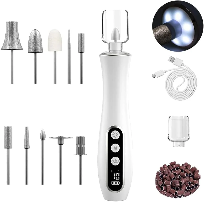 ست حرفه ای مانیکور پدیکور، دریل برقی ناخن بی سیم با نور LED 360 درجه و 10 سرعت، ابزار پدیکور شارژی برای پاها، دریل ناخن مراقبت از دست و پا برای کوتیکول ناخن ضخیم انگشتان پا زنانه مردانه