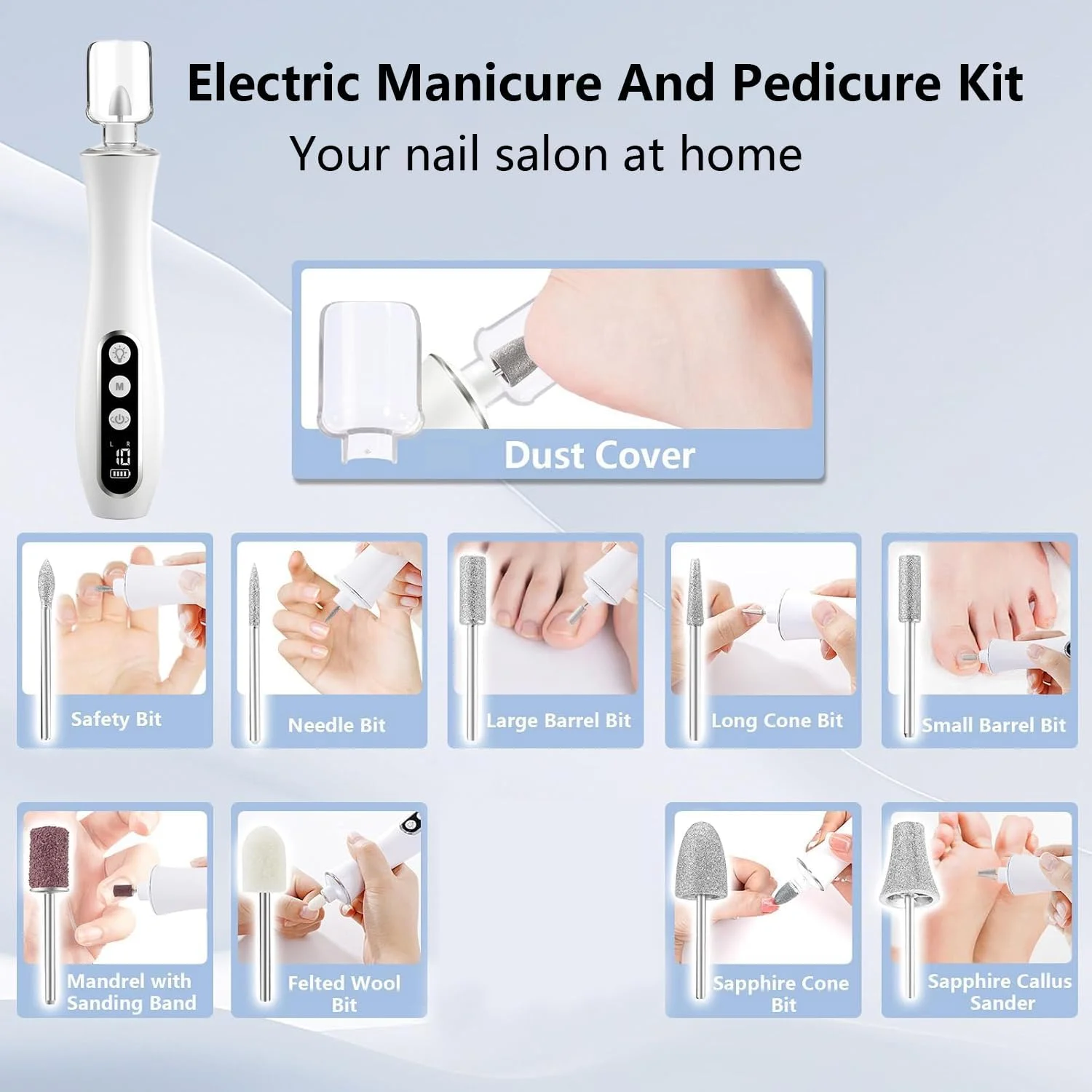 ست حرفه ای مانیکور پدیکور، دریل برقی ناخن بی سیم با نور LED 360 درجه و 10 سرعت، ابزار پدیکور شارژی برای پاها، دریل ناخن مراقبت از دست و پا برای کوتیکول ناخن ضخیم انگشتان پا زنانه مردانه