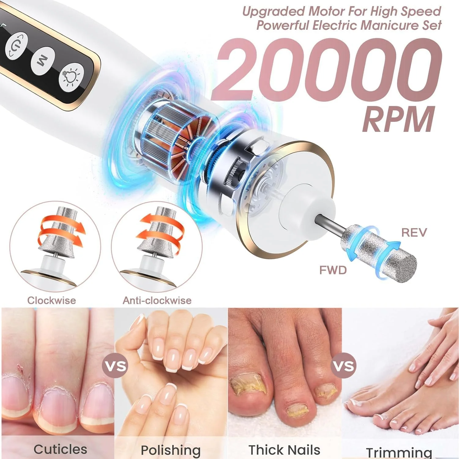ست حرفه ای مانیکور پدیکور، دریل برقی ناخن بی سیم با نور LED 360 درجه و 10 سرعت، ابزار پدیکور شارژی برای پاها، دریل ناخن مراقبت از دست و پا برای کوتیکول ناخن ضخیم انگشتان پا زنانه مردانه