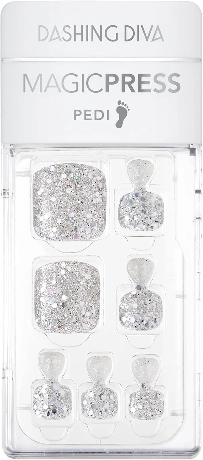 پدیکور ناخن چسبی Dashing Diva Magic Press - نقره ای درخشان | ناخن های ژلی بادوام برای انگشتان پا | ماندگاری تا 7 روز | شامل 26 ناخن چسبی، 1 پد تمیز کننده، 1 سوهان