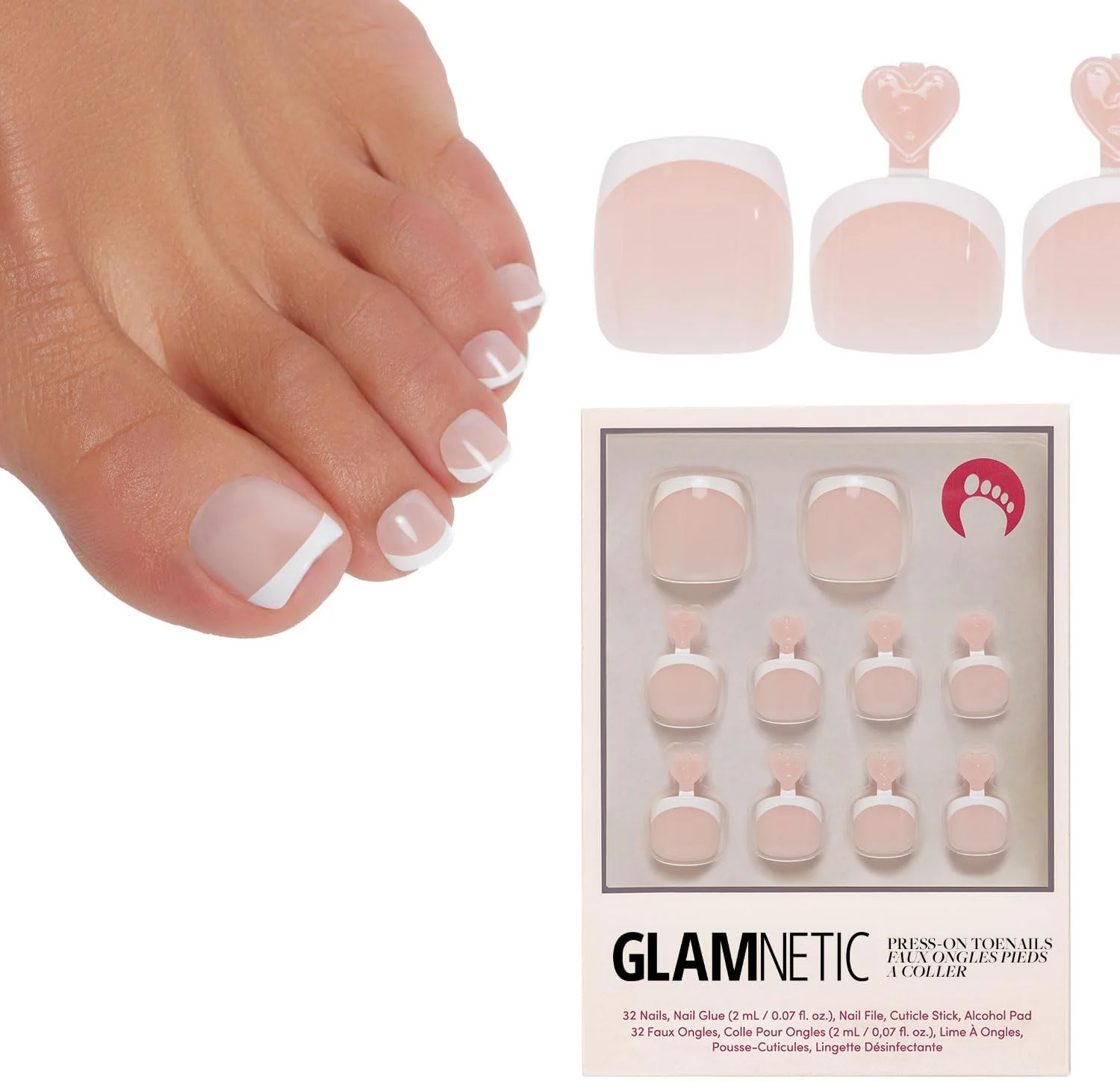 ناخن مصنوعی پا گلمنتیک - MaDamn | ناخن های پا با نوک فرانسوی سفید کلاسیک با روکش براق | ۱۶ سایز - کیت ۳۲ عددی ناخن پا به همراه چسب