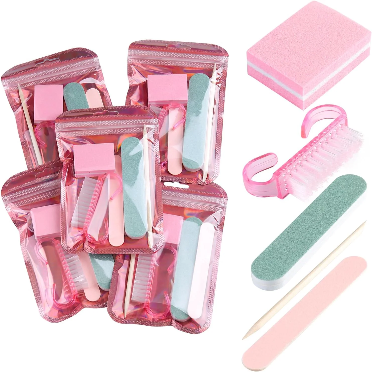 ست مانیکور یکبار مصرف 5 تکه، شامل سوهان ناخن کوچک، بافر، برس دسته دار و چوب پرتقال، بسته بندی مجزا، ست پدیکور برای ناخن های دست و پا، لوازم سالن، 5 بسته