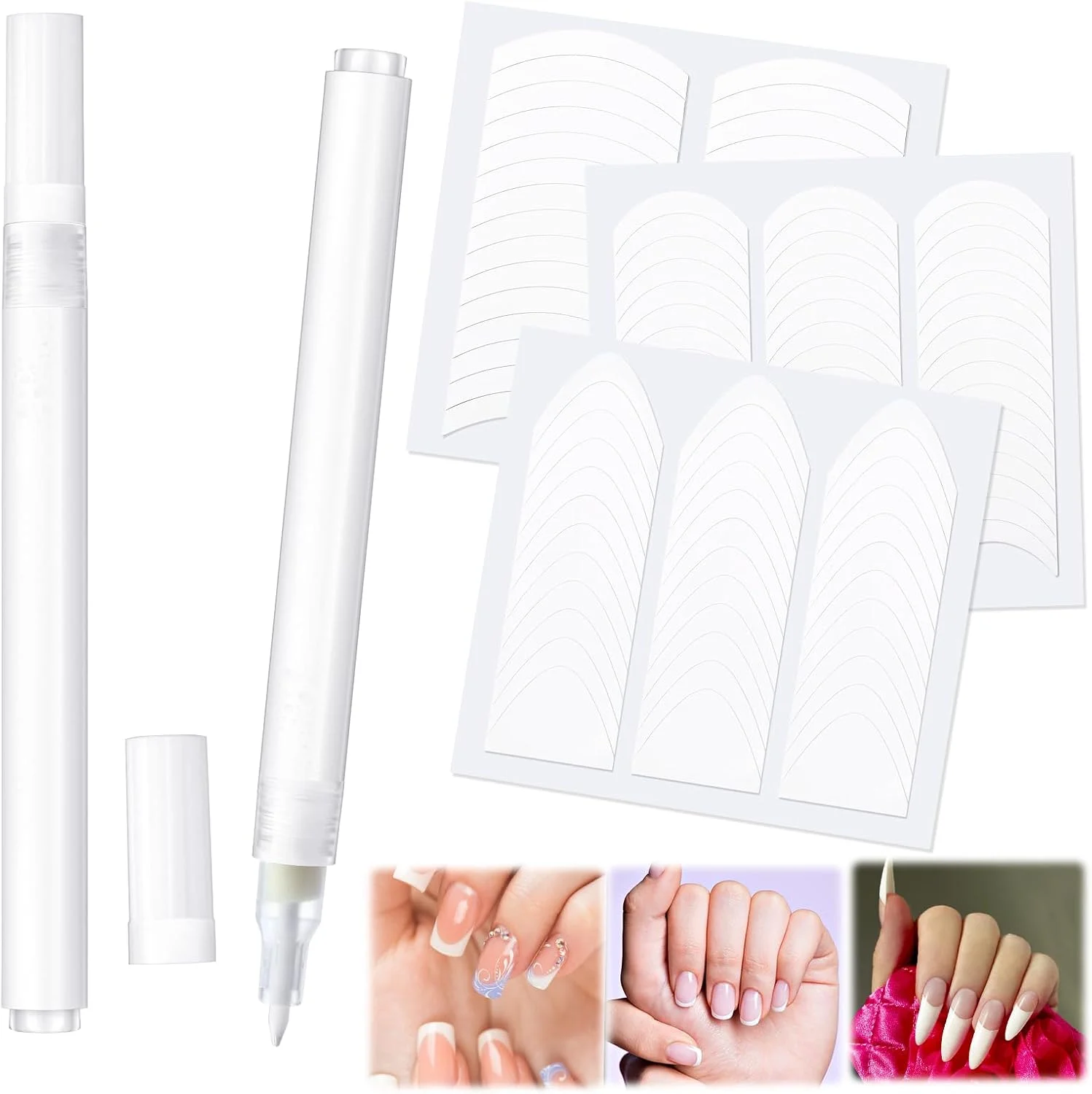 ست فرنچ ناخن شامل 2 عدد قلم فرنچ ناخن، قلم نوک سفید 3.5 گرمی، 111 عدد برچسب نوک ناخن، ابزار نواری برای طراحی ناخن در خانه