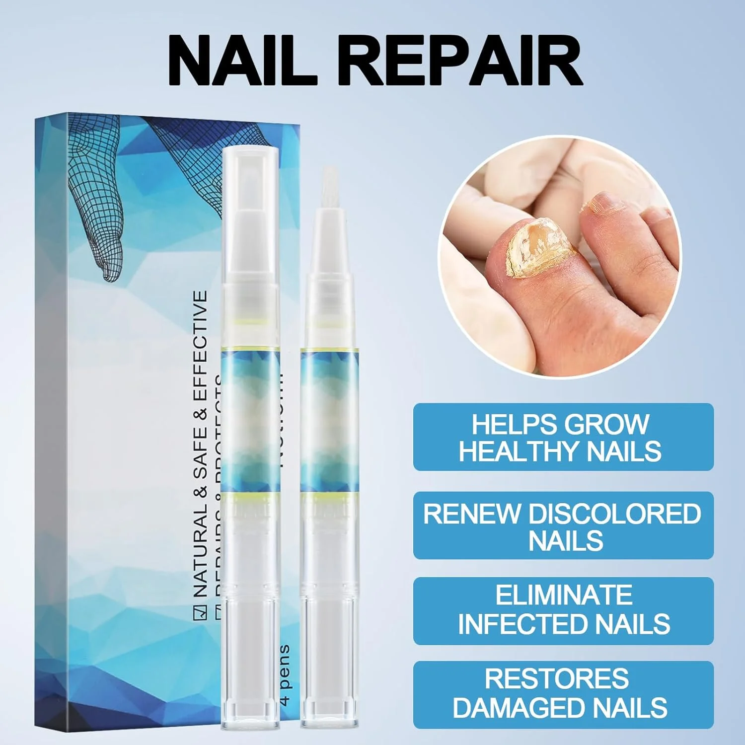 قلم مراقبت و درمان ناخن پا، فرمول قوی برای ناخن های ضخیم، شکسته، تغییر رنگ داده و آسیب دیده (4 عدد)