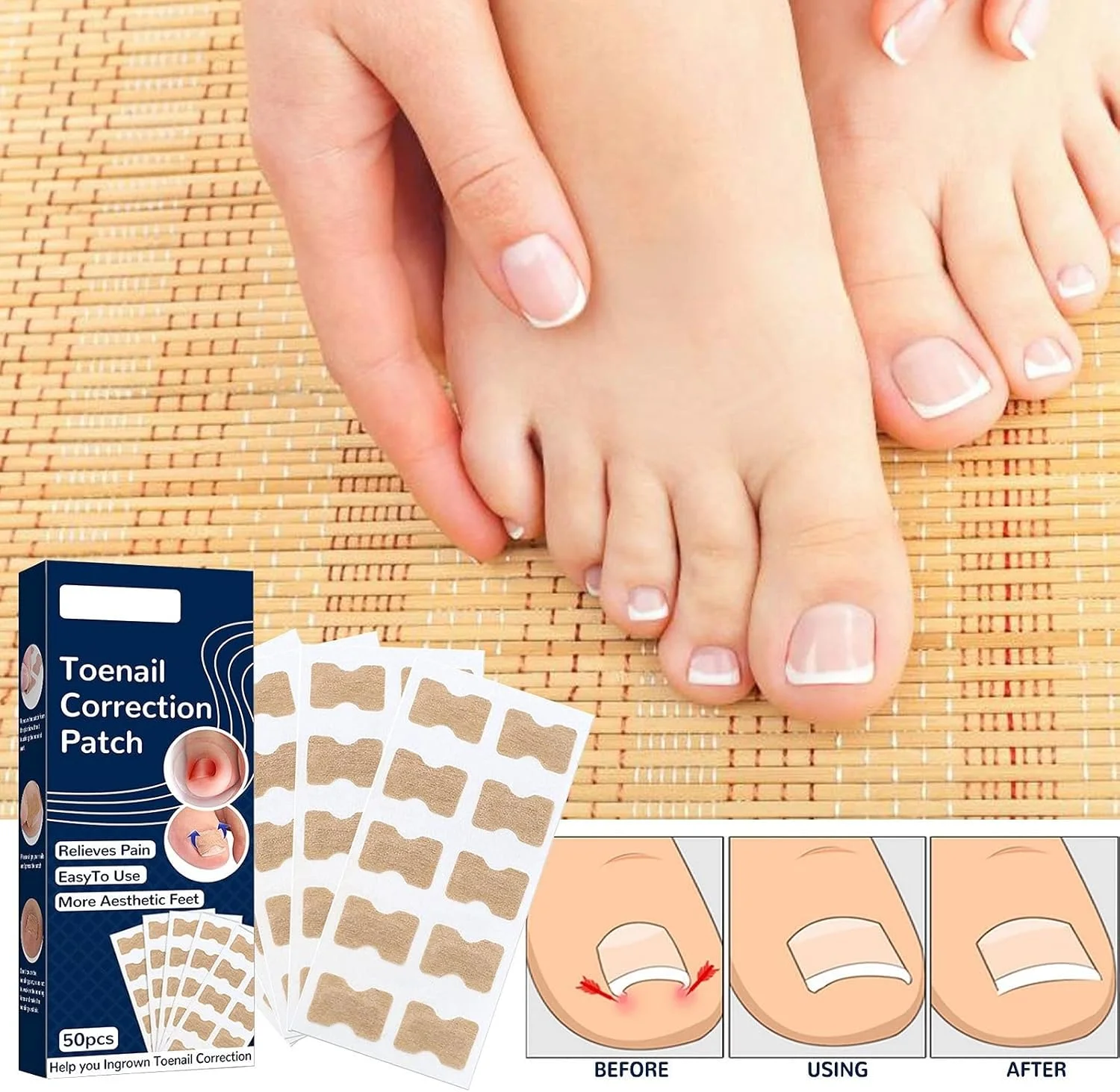 ۵۰ عدد برچسب اصلاح ناخن فرورفته، برچسب الاستیک برای صاف کردن ناخن های خمیده، مجموعه ابزار حرفه ای ناخن، پد ترمیم ناخن برای تسکین شیار ناخن و اصلاح ناخن های فرخورده