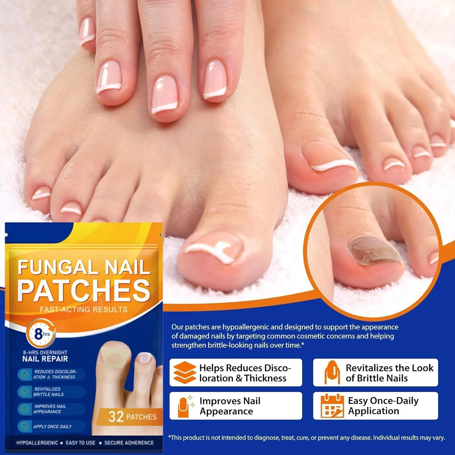۳۲ عدد پد درمان ناخن قارچی با قدرت فوق العاده، پد های تجدید کننده ناخن قارچی ۸ ساعته شبانه، ساختار ناخن را تجدید و تغییر رنگ را بهبود می بخشد، پد ترمیم ناخن یک شبه برای ناخن پا و ناخن دست