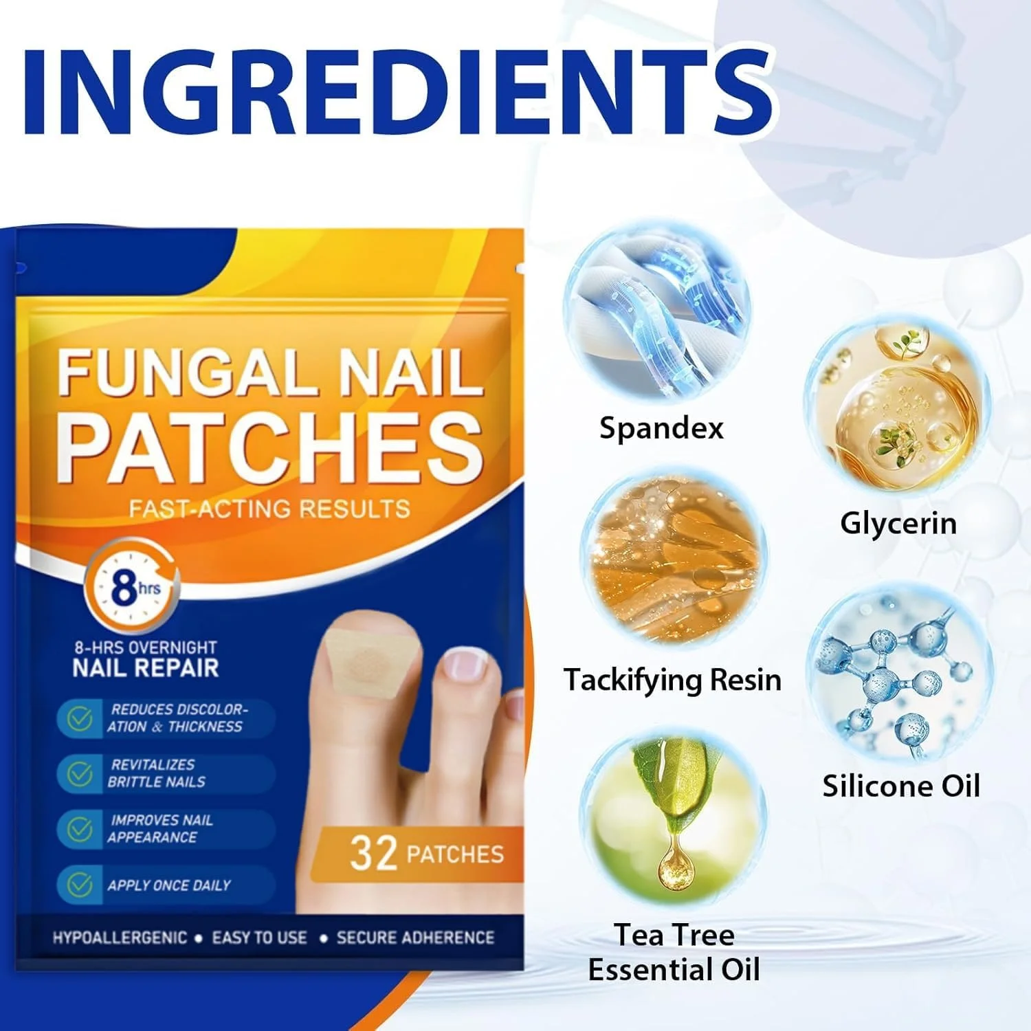 ۳۲ عدد پد درمان ناخن قارچی با قدرت فوق العاده، پد های تجدید کننده ناخن قارچی ۸ ساعته شبانه، ساختار ناخن را تجدید و تغییر رنگ را بهبود می بخشد، پد ترمیم ناخن یک شبه برای ناخن پا و ناخن دست