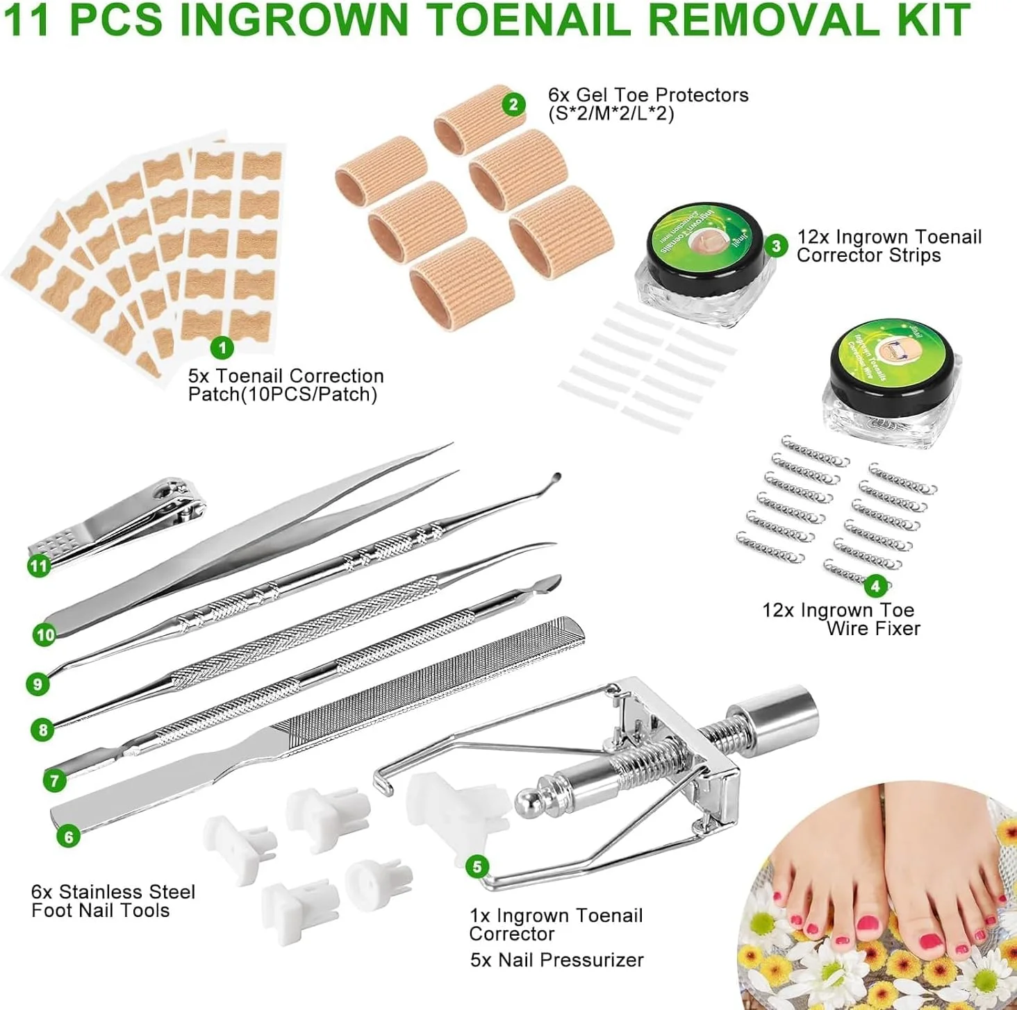 ابزار درمان درد ناخن فرورفته، مجموعه ۱۳ عددی رفع ناخن فرورفته، کیت پدیکور ناخن پا، اصلاح کننده ناخن فرورفته برای سالمندان و ناخن های ضخیم
