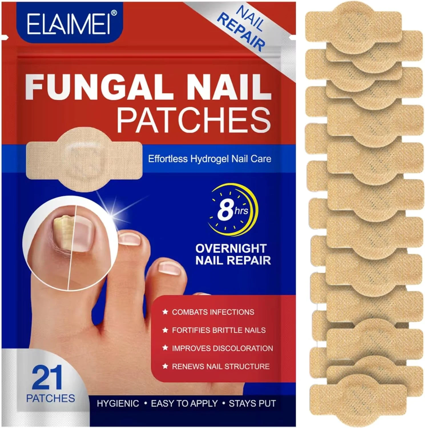 پچ ناخن قارچی 21 عددی، پچ های ترمیم کننده ناخن قارچی 8 ساعته شبانه، درمان ناخن، تجدید ساختار ناخن و بهبود تغییر رنگ، پچ ترمیم ناخن یک شبه برای ناخن پا و ناخن دست