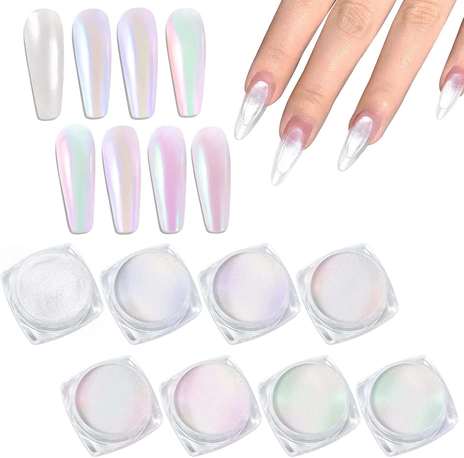 پودر ناخن مرواریدی Laza، پودر کروم سفید صدفی 8 رنگ، پودر شفق قطبی شفاف یخی، پودر هولوگرافیک آینه ای رنگین کمانی برای طراحی ناخن - سفید رنگارنگ