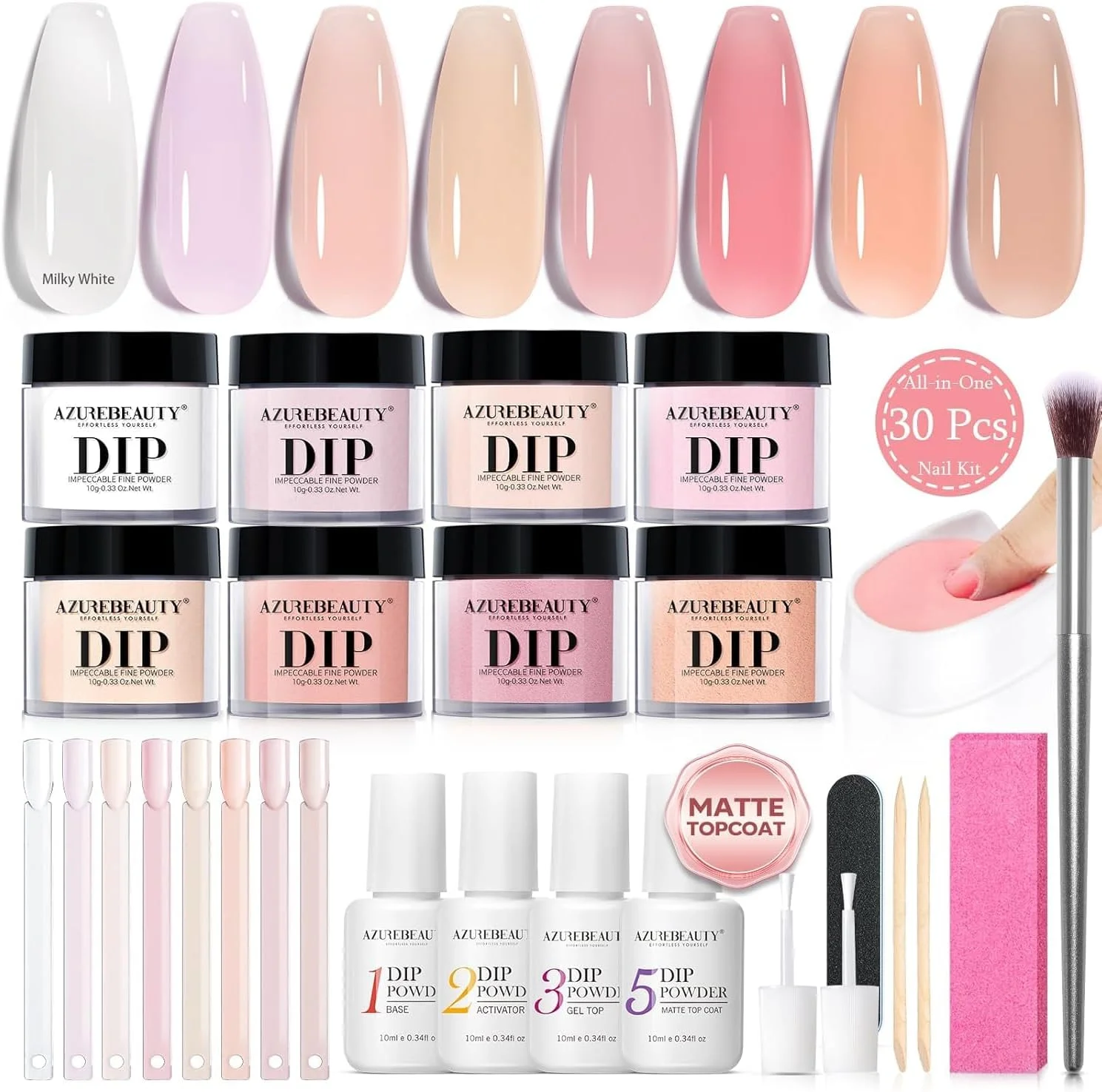 ست پودر دیپ ناخن AZUREBEAUTY، ژله ای شفاف شیری سفید صورتی هلویی خنثی روشن 8 رنگ، ست مایع پودر دیپ به همراه تاپ کت مات و چوب های ناخن مناسب طراحی ناخن فرانسوی و مانیکور سالنی