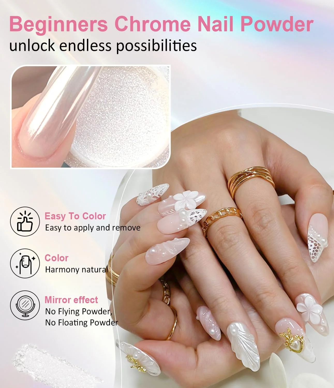 پودر ناخن کروم - پودرهای کروم ناخن پری دریایی با جلوه آینه ای متالیک، پودر کروم مرواریدی براق برای طراحی ناخن، پودر اکلیل ناخن، پیگمنت هولوگرافیک برای دیزاین ناخن، 2 عدد