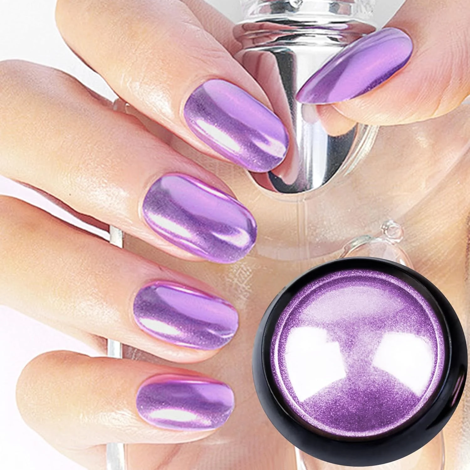 پودر کروم ناخن، پودر کروم آرورا با جلوه آینه‌ای و جذاب، پودر کروم پری برای طراحی ناخن، پودر کروم برای ناخن‌های اکریلیک (چند رنگ - بنفش)